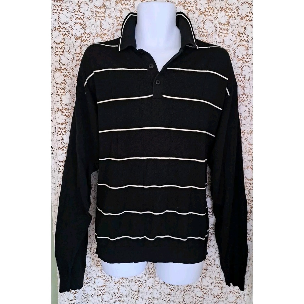 Bungalow Brand Sweater XXL Black Striped 1/4 Button Pullover Long Sleeve Silk Bl